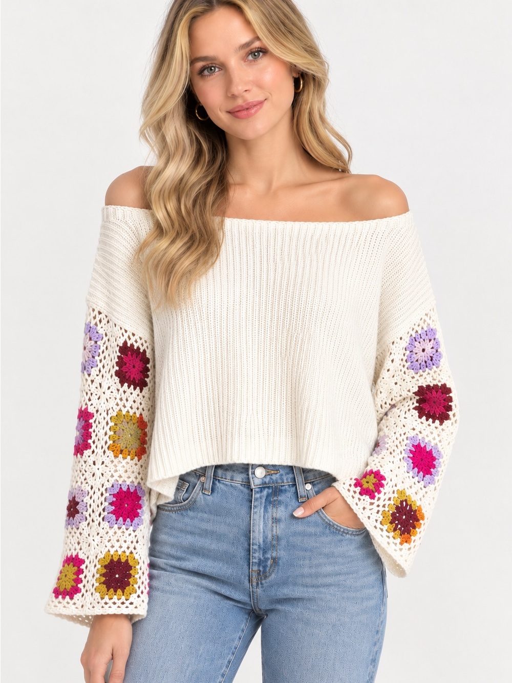 Altar'd State Cream Off-the-Shoulder Sweater with Multicolor Crochet Sleeves